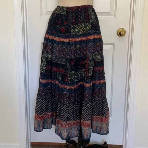 Lauren by Ralph Lauren 5 Tiered A-Line Western Skirt Indigo Print Vintage sz PM - Picture 1 of 5